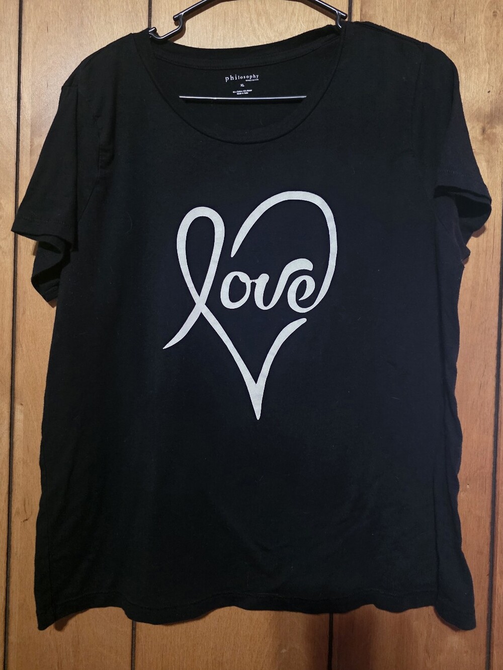 Philosophy black tee with silver heart 'love' graphic T-shirt- Size XL